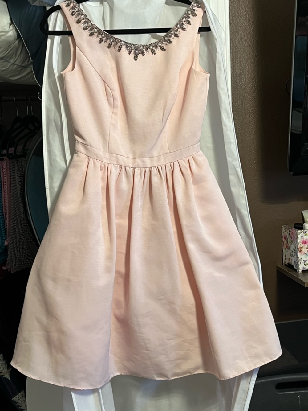 David’s Bridal Women’s Light Pink Embellished Neckline Fit-and-Flare Dress